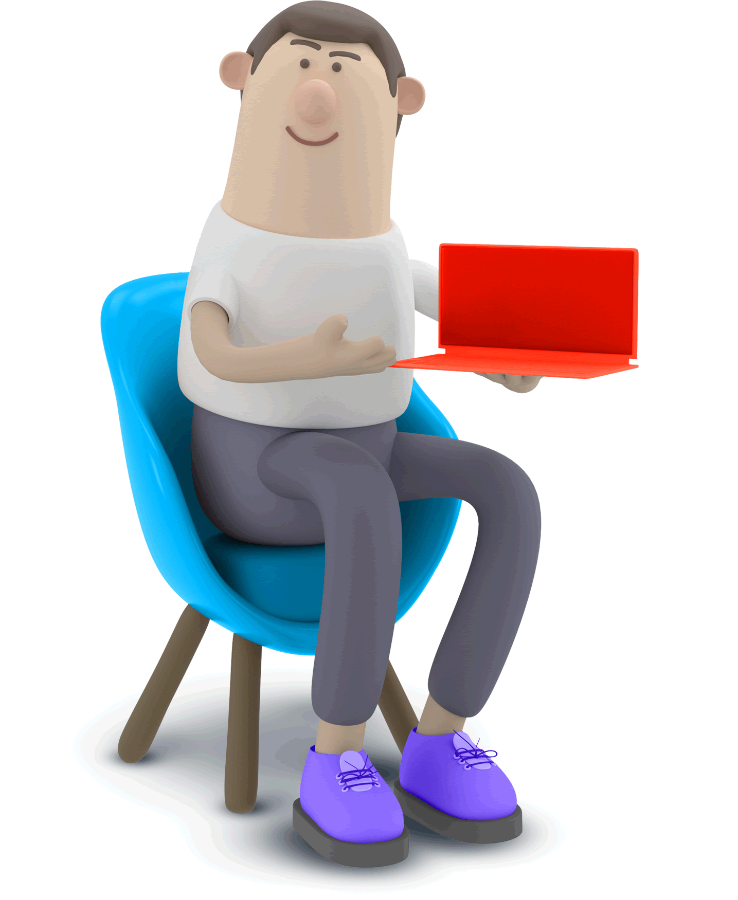 Person sitting on a chair with a red laptop in his hand oriented to the user