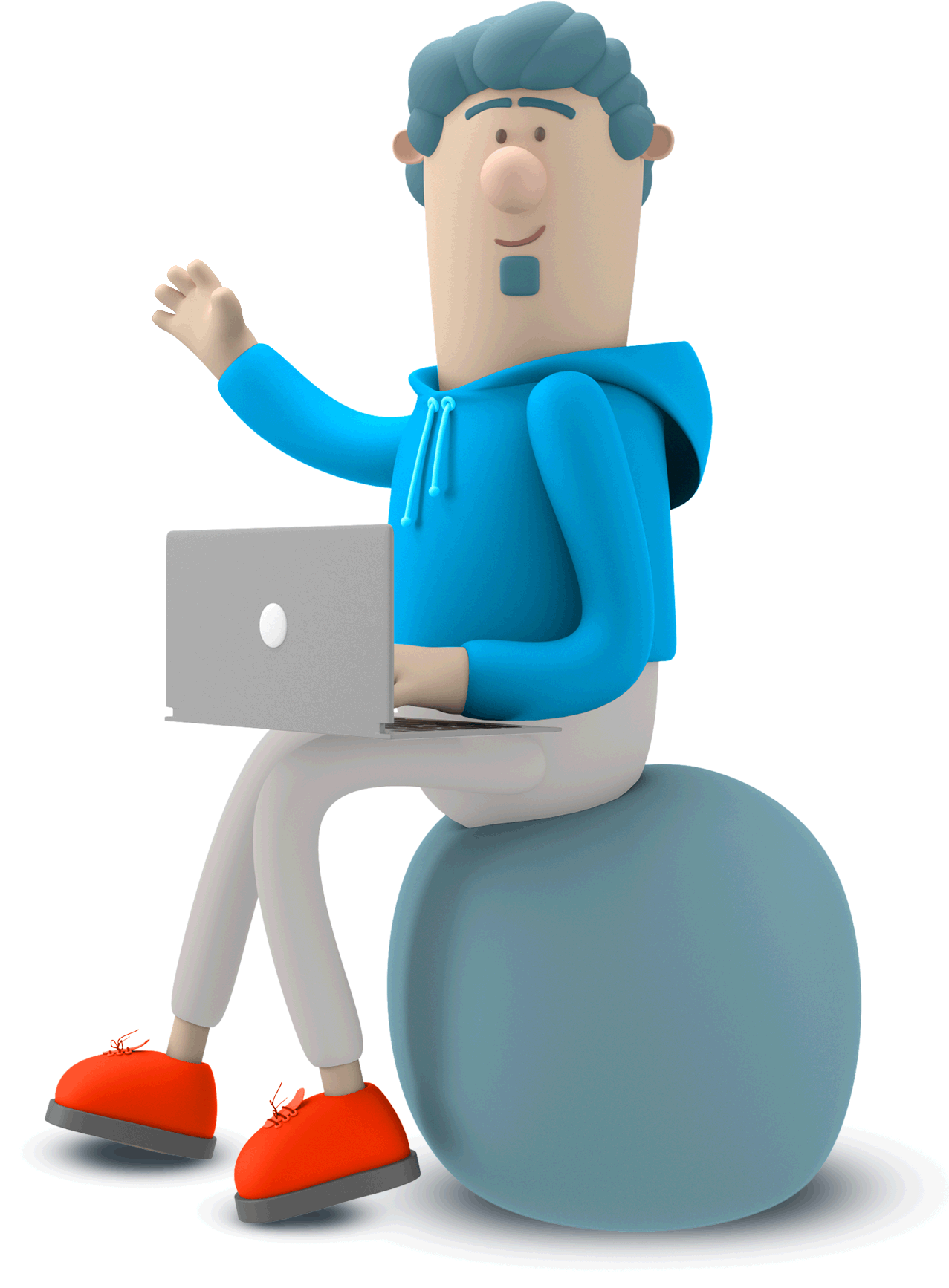Person sitting on a bean bag with a laptop on his lap, waving at the user