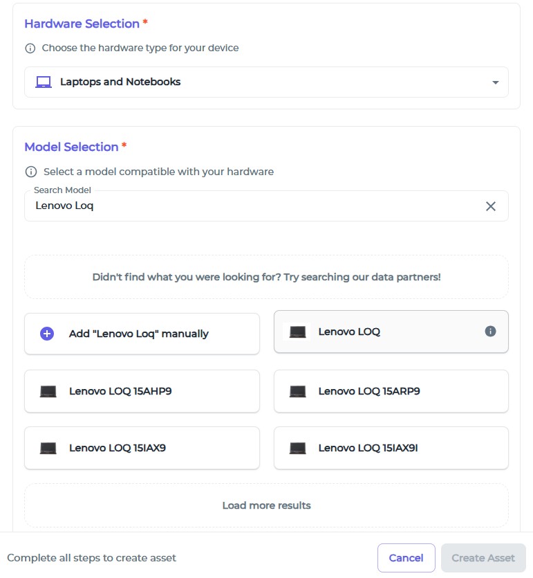 Create new asset screen