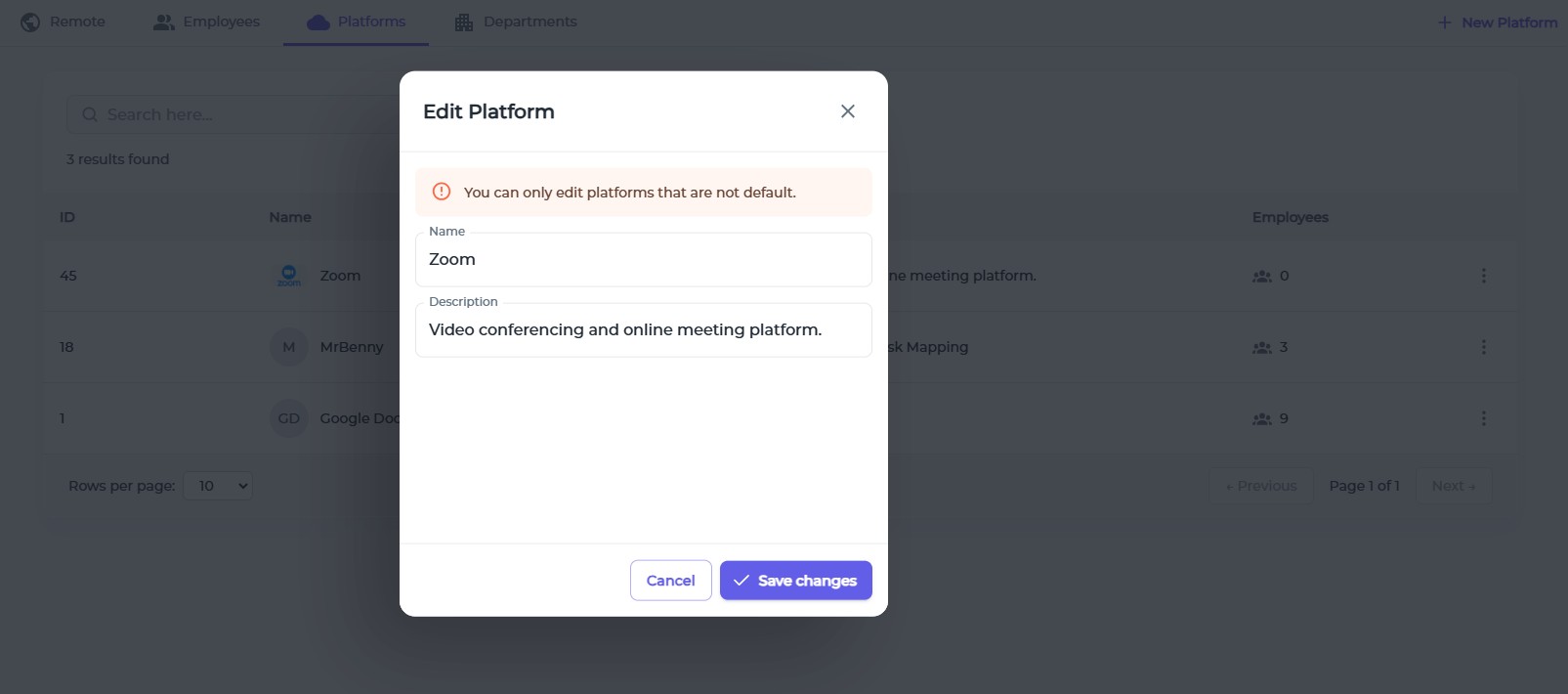 Edit the platforms screen