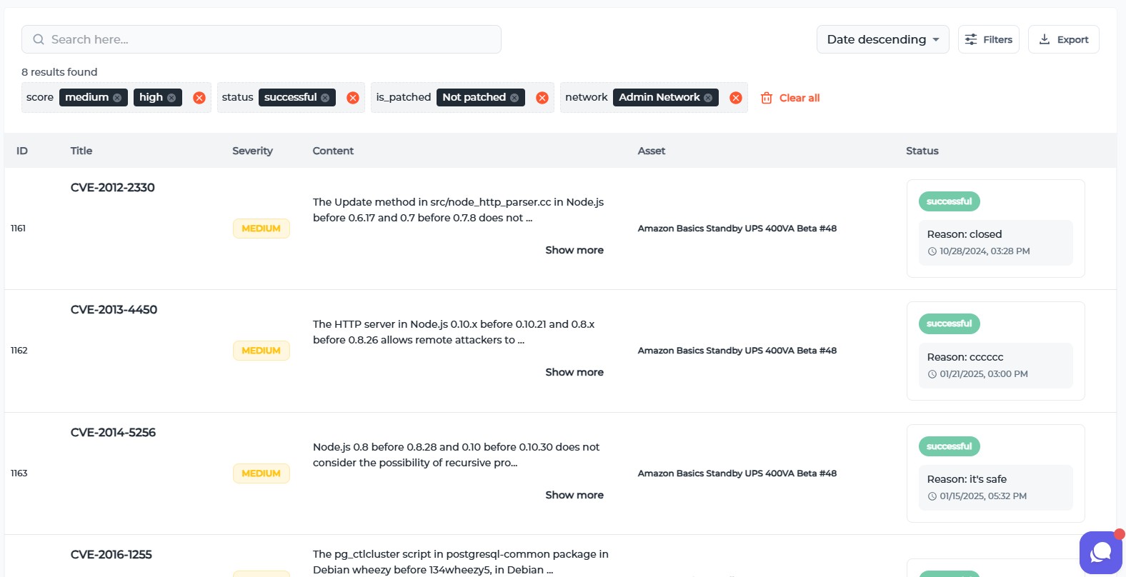 Vulnerabilities (CVE) screen with filters