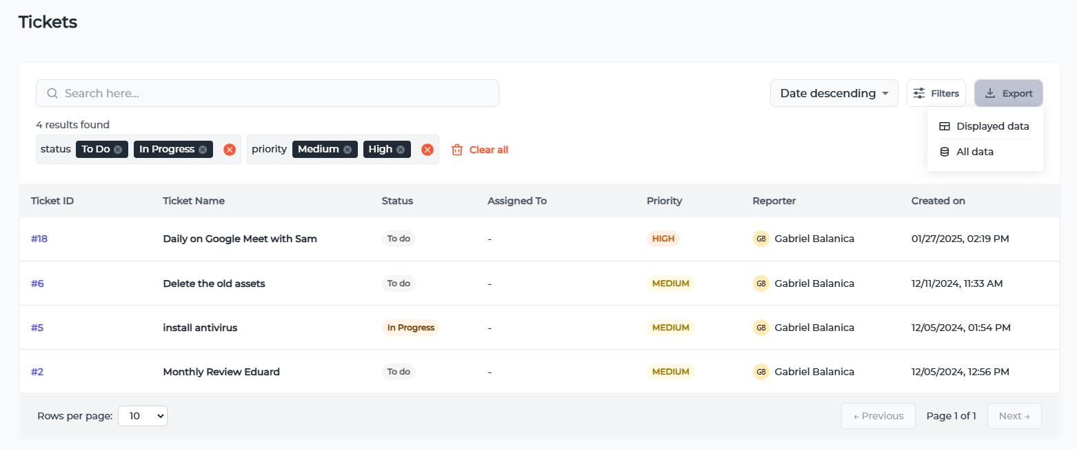 Tickets screen with various filtering options screen