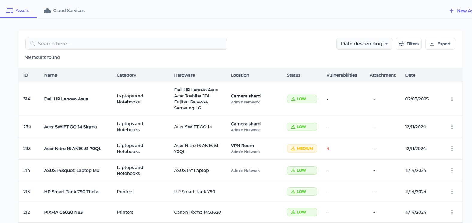 Asset inventory tool screen