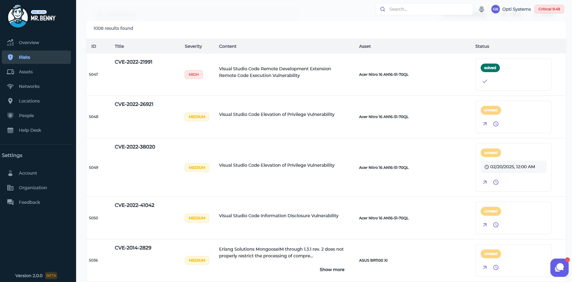 CVE visualisation screen