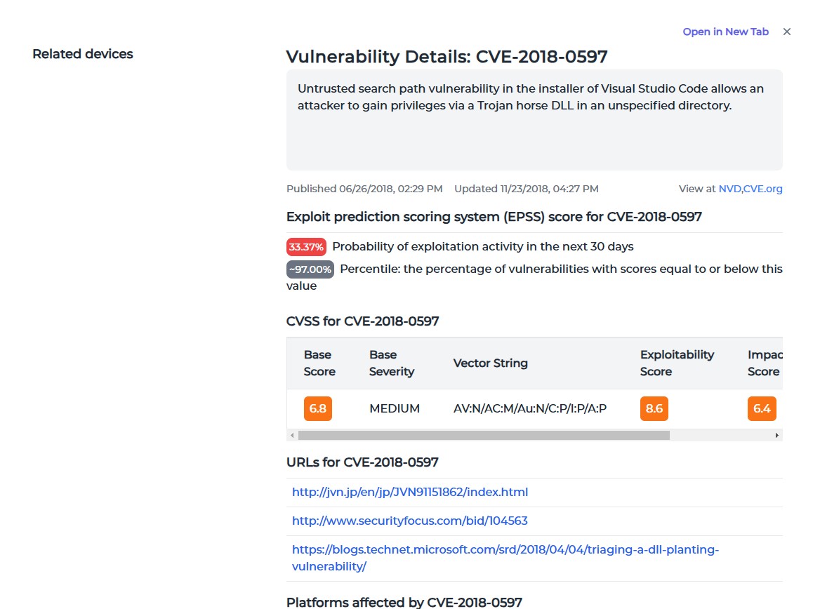 One vulnerability (CVE) screen with various details like name, severity