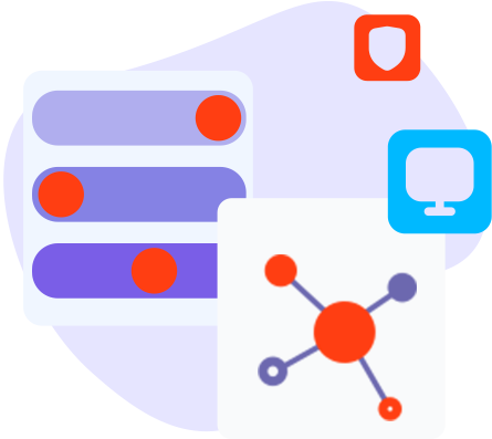 Abstract image with various icons for a server, monitor, shield and nodes